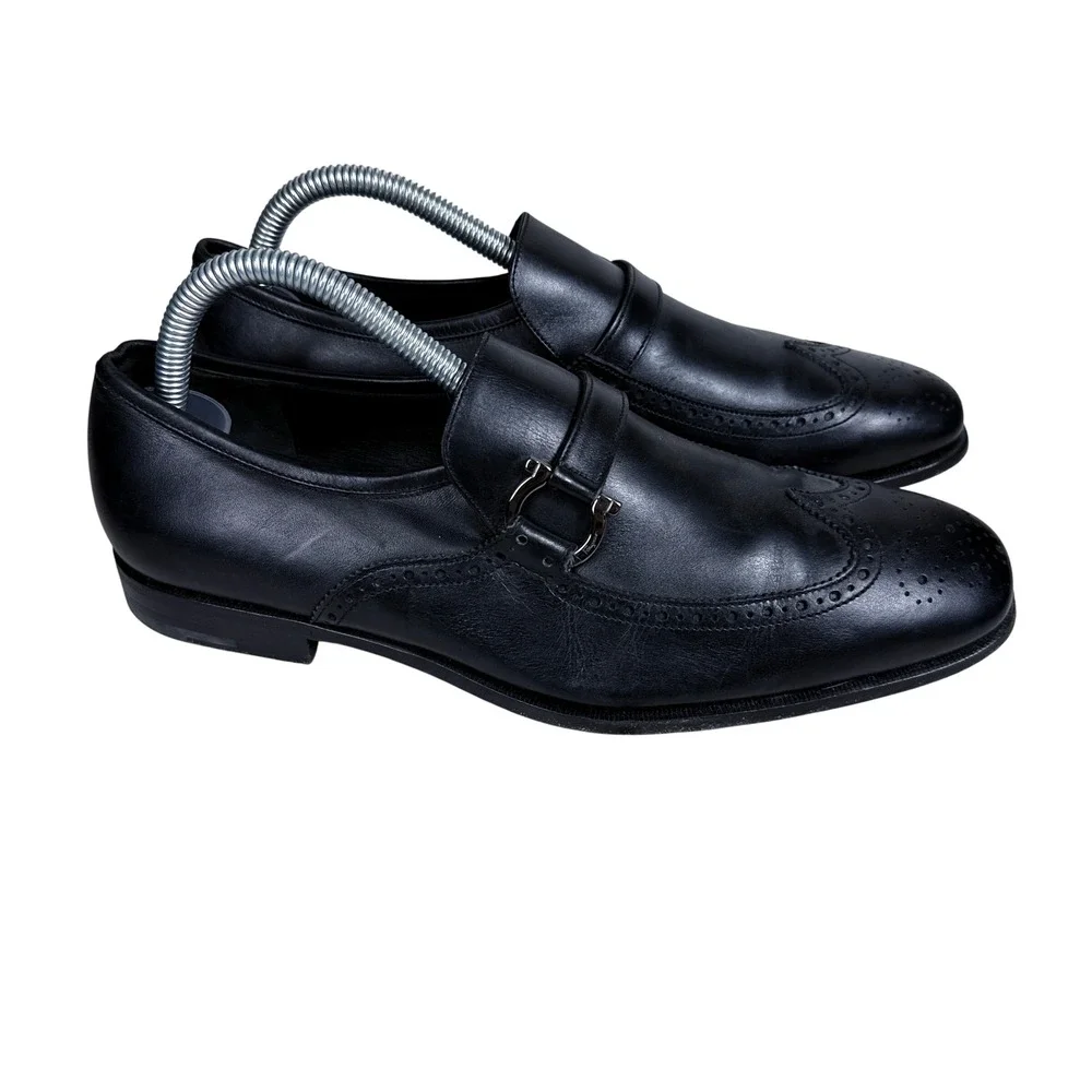 Salvatore Ferragamo Loafers Mens 6.5 EE Black Gancini Wingtip Brogue Dress Shoes
